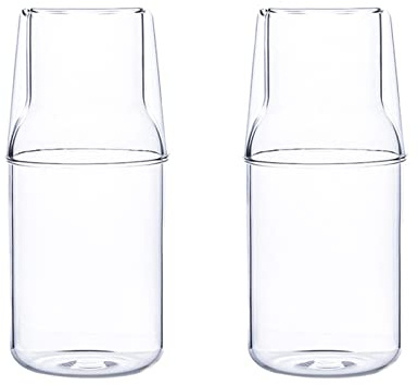 DRYFAL Juego de 2 jarras de agua para mesita de noche de 360 ml con vaso, jarra de agua de mesita de noche con vaso para dormitorio, mesita de noche, botella de enjuague bucal de vidrio para baño