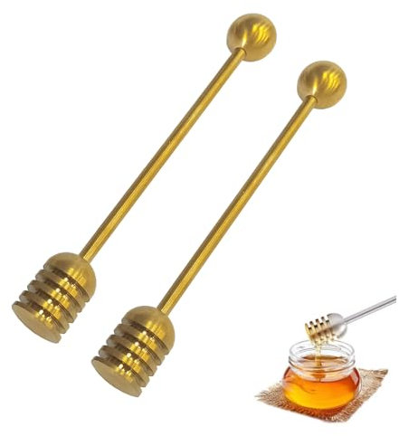 Alunsito Stainless Steel Honey Dipper Stick, 6.3 Inch Honey Wand Server, Removable Honeycomb Stick for Honey Pot Dispense Honey, Wedding Party Favors, 2 Pieces, Gold