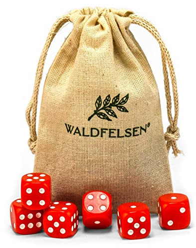 Waldfelsen® Högkvalitativa tärningar, 6, 12, 20, 30 eller 50 stycken, i standardstorlek: 16 mm, 6-sidiga akryltärningar, speltillbehör, i set med tygpåse (röd, 6 stycken)
