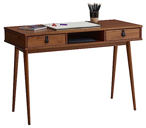 IDIMEX Schreibtisch Kim mit 2 Schubladen aus Massivholz, Kastanien Farben - Home-Office Tisch mit offenem Fach, Bürotisch mit 2 Schubladen und Ledergriffen