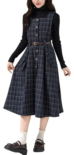 Cuteighteen ärmlös rutig klänning med bälte för kvinnor höst vinter fyrkantig krage ull midi overall pinafore-klänning med ficka, marinblå, M