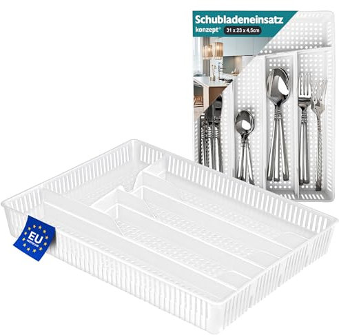 KONZEPT Besteckkasten für Schubladen 31x23x4,5cm Weiß - Praktischer Schubladen Organizer Küche, Besteckschublade Einsatz für optimale Küche Aufbewahrung & Organisation