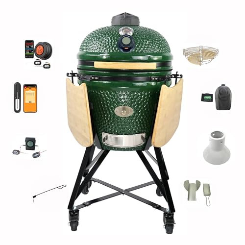 YNNI KAMADO TQTT18GR – Grand ensemble Kamado – Gril de 45,7 cm, vert avec chipfeeder, divide and conquer, couvercle, thermomètre numérique, céramique, œuf, fumoir, TQTT18GR