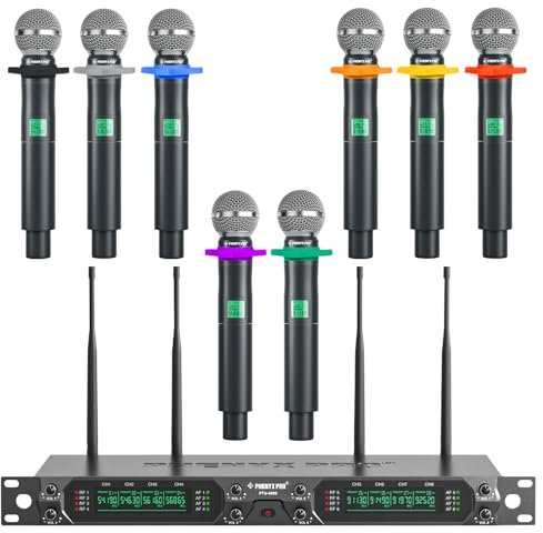 Phenyx Pro UHF Sistema microfono wireless professionali, 8 canali con microfoni palmari wireless in metallo a frequenza fissa per karaoke, chiesa, canto, DJ, portata di 260 piedi (PTU-4000-8H)
