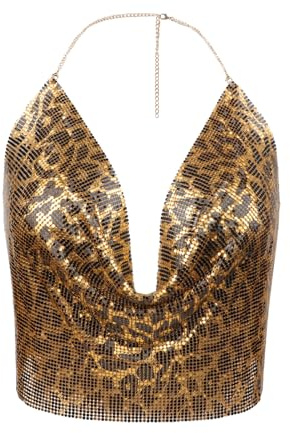 FakeFace Damen Crop Top Glitzer-Pailletten V-Ausschnitt, Ärmellos Rückfrei Spaghettiträger Trägertop Halter Top BH Oberteile Neckholder Weste Festival Party Club Camisole