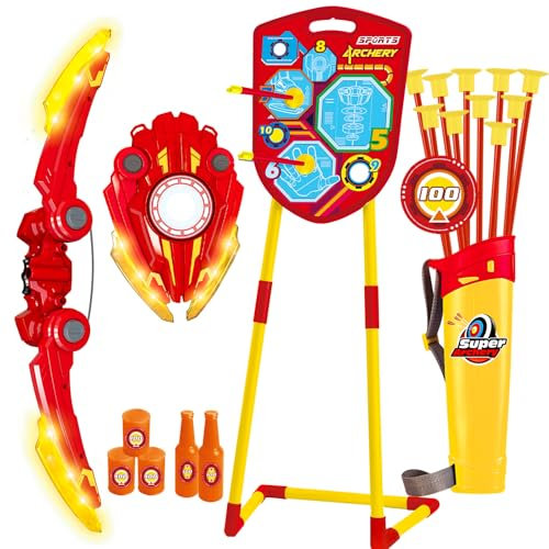 GoStock Bow and Arrow Set for Kids with Standing Target, 10 Suction Cup Arrows, 1 Quiver, LED Light Up Archery Set Toy, Indoor Outdoor Sport Gifts for Boys Girls 4-12 Year Old, Red