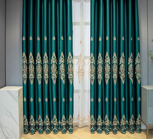 Bishilin Gardinen Blickdicht mit Haken, Verdunklungsvorhänge Grün 2er Set 102x244CM Vintage Stickerei mit Blumen Motiv, Polyester Vorhänge Verdunkelnd Jugendzimmer Kinderzimmer