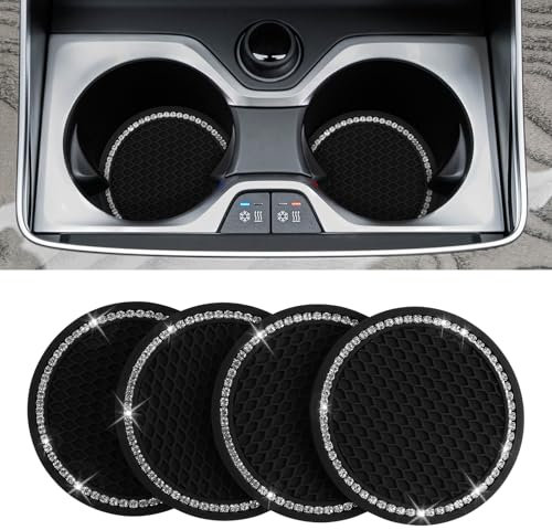 4 Pack Bling Car Coasters Universal Cup Holder Insert With Crystal Rhinestone 2.75 Inch Anti Slip Coasters Vehicle Interior Accessories for Girls, Women, Black