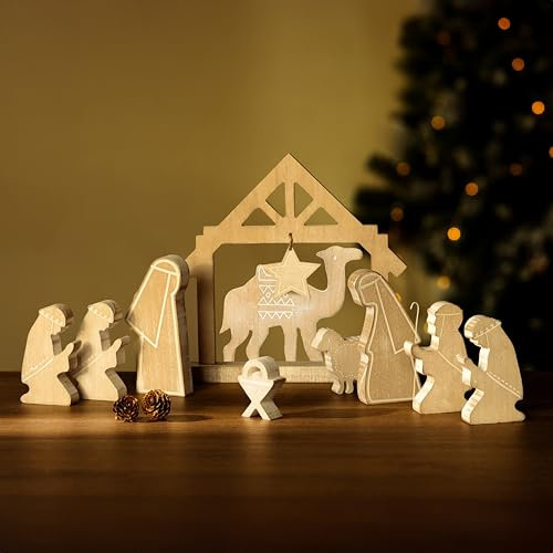 Marco Paul Large Wooden Christmas Nativity Scene Figurine Ornament - Traditional Christmas Decorations Religious Nativity Set – Festive Home Decorative Display Tabletop Decor