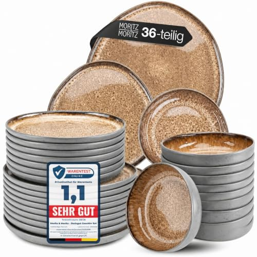 Moritz & Moritz Steingut Geschirrset 12 Personen Beige 36-Teilig - Steingut Teller Set bestehend aus 12x Dinnerteller, 12x Dessertteller, 12x Suppenteller - Serie Organic