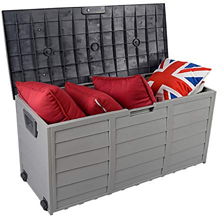 Bonnlo 300L Garden Storage Box with Wheels, Waterproof Plastic Deck Boxes for Outdoor, Storage Chest with Lids and Handles (Grey lid)