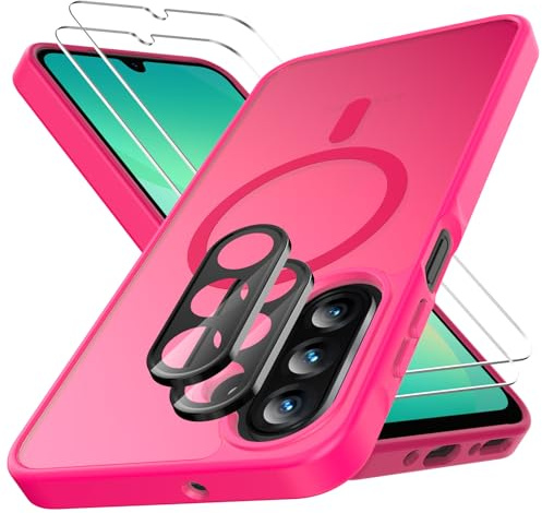 Coque pour Samsung Galaxy A26 5G - avec 2 Verre Trempé + 2 Caméra Arrière Protecteur, Antichoc Magnétique Compatible MagSafe, Transparente et Anti-Empreintes pour Samsung A26 5G（Rose fuchsia）