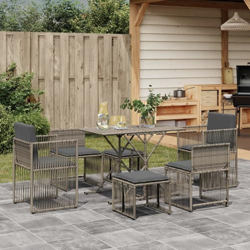 IKAYAA PolyRattan Gartenmöbel Essgruppe, Garten Sitzgruppe 6 Personen, Rattan Gartenmöbel aus 2X Gartensessel, 1x Tisch, 2X Hocker, 2 x Gartenstuhl ohne Armlehnen, für Balkon, Garten und Terrasse Grau