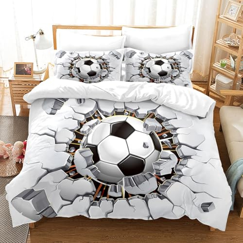CXYXHW Ropa de cama para niños, diseño de fútbol 3D, juego de ropa de cama para niños, estampado de fútbol, juego de ropa de cama deportiva con cremallera, 3 piezas, suave, ropa de cama infantil