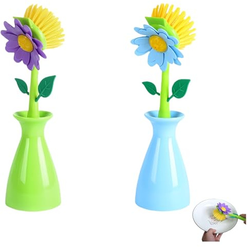 Vyloky Spülbürsten-Set in Blumenform – Mit Griff & Ständer, schonend zu Antihaft-Pfannen, Töpfen & Waschbecken (Gruen-Blau-Kombi)