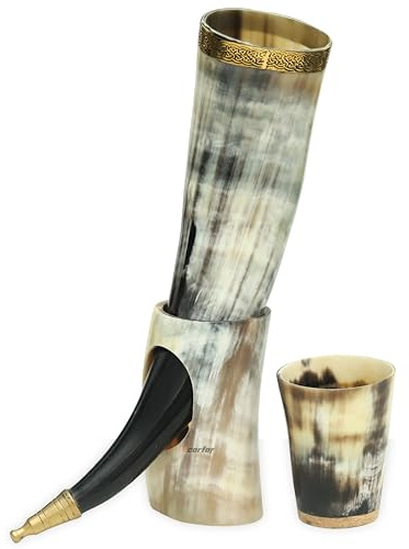 Viking dricker öl horn muggar set med 2 med stativ | 445 ml handgjorda oxhorn koppar för ale, Mead och Lager | nordisk stil inflyttningspresent set
