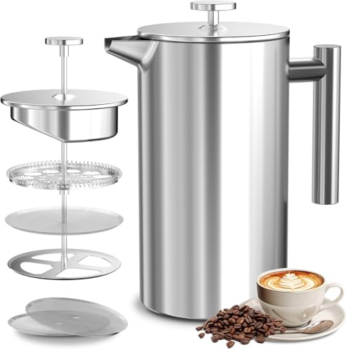 VOSFEEL French Press 600ML, Cafetiere 4 Cup, Stainless Steel Coffee Press, Double Wall Insulation, 3 Level Filtration System, Heat Resistant, Easy to Clean