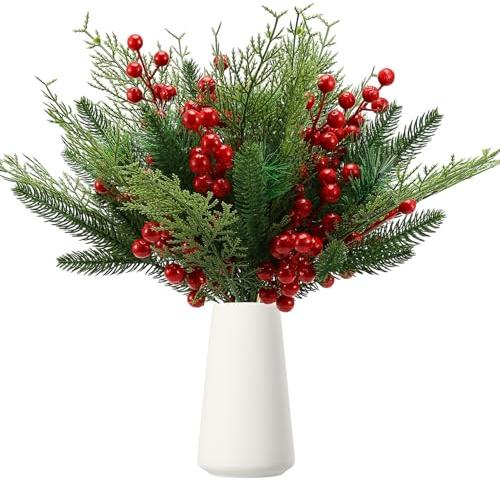 Tsudoku 60PCS Artificial Needles Branches Garland Fake Greenery Picks Faux Red Berry Stems Christmas Needles for DIY Garland Wreath Christmas Embellishing Garden Decoration-Kind 1