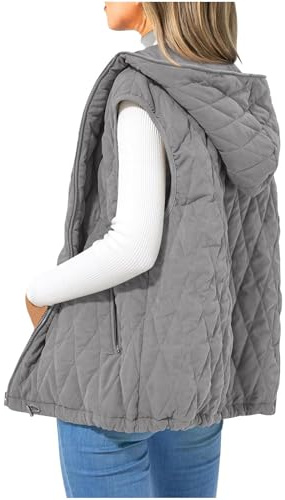 duxyoz Womens Padded Gilet Ladies Body Warmer Sleeveless Casual Gilet Vest Hooded Lightweight Zip Quilted Solid Color Outdoor Winter Puffer Coats Windproof Loose Waistcoat Outwear 01 Gray