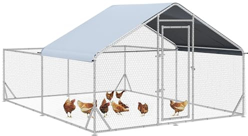 PawHut Freilaufgehege Hühnerkäfig, 400 x 300 x 195 cm Hühnerstall mit Sonnenschutzdach, Geflügelstall mit Schloss, Hühnergehege für Kaninchen, Hühner, Stahl, Silber