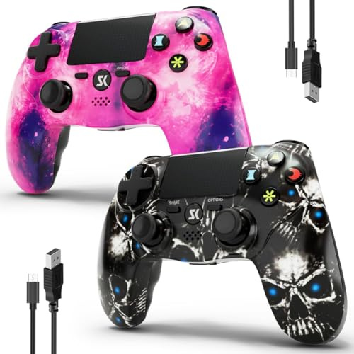 Mando para PS4 Inalámbrico Controlador de 2 Paquetes Multiplataforma compatible con PS4/Pro/Slim/PC/iOS/Android/MacOS con Doble Vibración/Conector de Audio de 3,5 mm/Panel Táctil Sensible(Rosa&Cráneo)