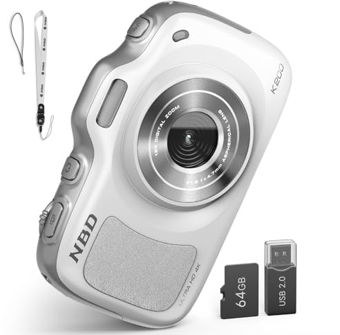 NBD 4K Digitalkamera 64MP, Autofokus, 16X Digitalzoom, Weiß | 2,8 Zoll IPS-Display, 64GB Karte, Type-C, 120g leicht, Retro-Filter, Blitz, Kinder, Jugendliche, Anfänger
