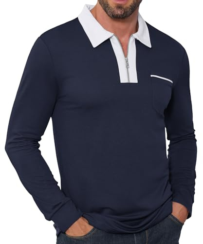 Elainone Langarm Poloshirt Herren, Golf Polohemd Atmungsaktiv, Stretch, Knitterarm, Klassisches Polo für Büro & Freizeit Marineblau XXL