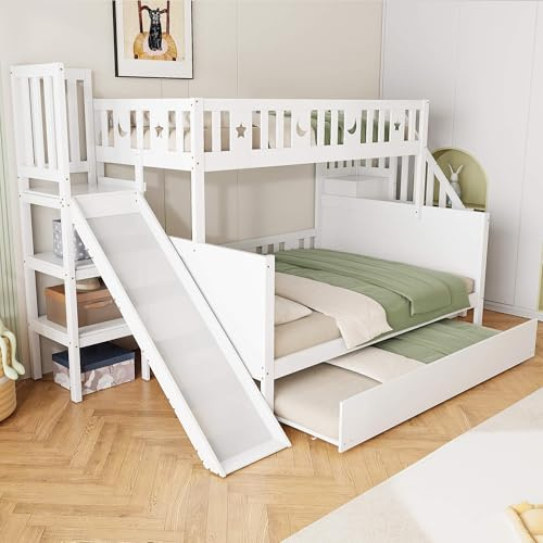 HYUB Letto a castello 90 x 200 e 140 x 200 cm, con letto estraibile e scivolo, letto a soppalco con scala e rete a doghe, struttura per letto con protezione anti-caduta, letto per bambini e ragazzi