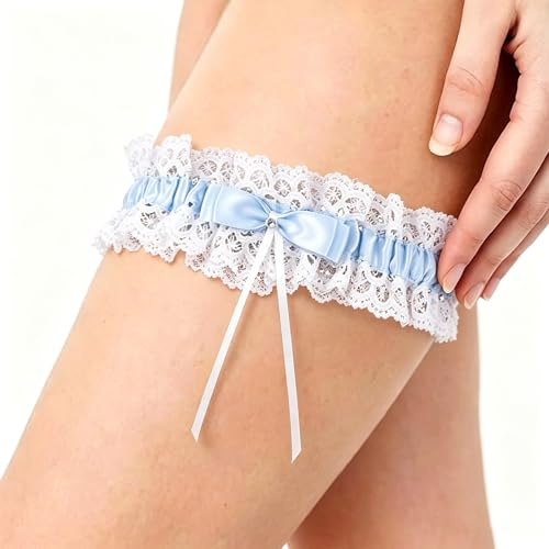 YEVON Blue Lace Wedding Garter and Elastic Thigh Belt with Bow for Brides