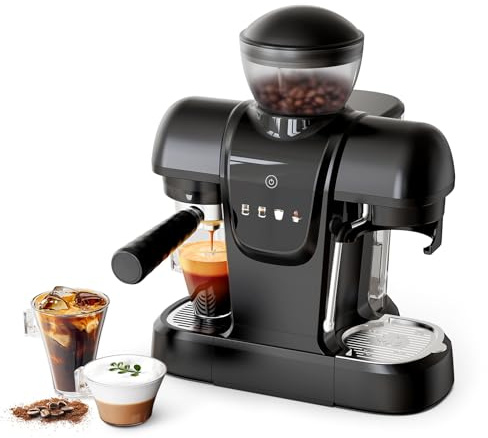 RECAFIMIL19 Bar Espresso Coffee Machine with Bean Grinder, 2 in 1 Coffee Maker for Ground Coffee, Cappuccino & Latte Maker with Milk Frother Wand, Touch Panel, Removable Tank, Black