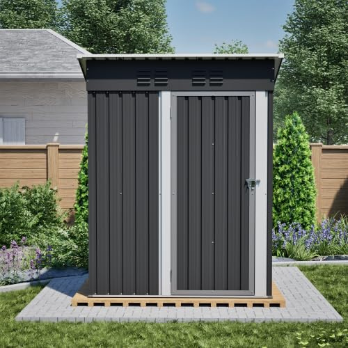 Caseta de jardín con techo plano de 152 x 84 x 182 cm con puerta con cerradura, cobertizo de metal, garaje para bicicletas y armario de jardín, resistente a la intemperie y seguro, color negro