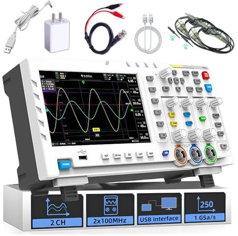 1014D Oscilloscopio Portatile 2 Canali,100 MHz,1 GSa/s Oscilloscopio Digitale/Generatore di segnali 2 in 1,Schermo da 7″,1 GB di memoria,Collegamento PC,Regolazione AUTO/Normale/Singola (Sonda 2*10x)