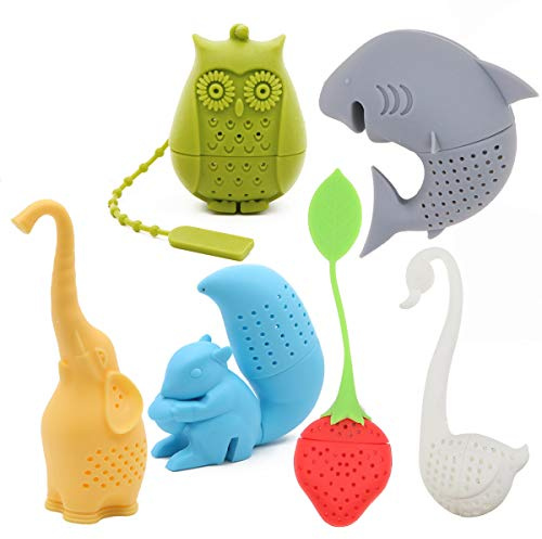 Teesieb mit Tiermotiv, umweltfreundlich, Silikon, 6 Stück, Elefant, Hai, Schwan, Eichhörnchen, Erdbeere, Eule, Tee-Ei, Geschenk für Tee-Liebhaber