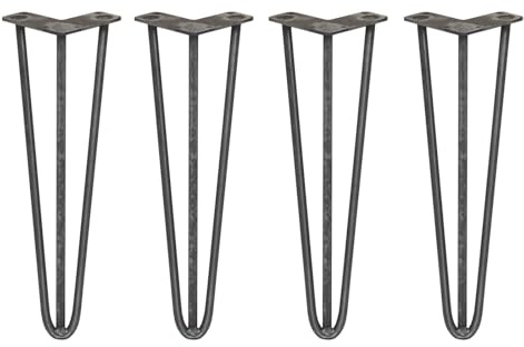 SkiSki Hairpin Table Legs 16” 41cm Pack of 4 Raw Steel Heavy Duty 12mm Thick Steel 3 Prong 300kg Load Capacity DIY Furniture Glide Discs Floor Protectors & Screws Included