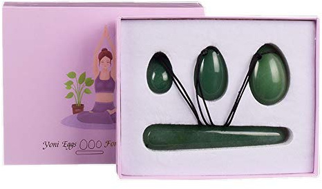 Natürliche Jade-Stein-Eier Yoni-Eier 3 Stück gebohrte Jade-Eier + 1 Stück Massage-Stick für Kegel-Übung Massage-Steine für Frauen zu trainieren Muskeln Kegel-Übung