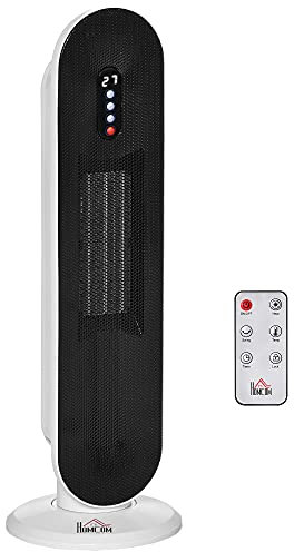 HOMCOM Ceramic Space Heater, Indoor Tower Heater with 2 Heat, Oscillation, Remote Control, Timer, Tip-Over & Overheating Protection, 1200W/2000W, White