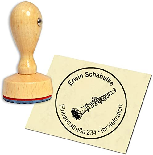 Stempel Adressstempel Holzstempel - Klarinette - rund ∅ 40mm personalisiert als Firmenstempel Namensstempel Bürostempel