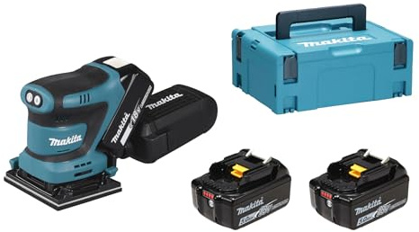 Makita DBO480RTJ 18 V Li-Ion LXT Finishing-Schleifer, komplett mit 2 x 5,0 Ah Akkus und Ladegerät, in einem Makpac-Gehäuse geliefert