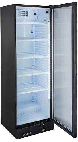 GastroHero Getränkekühlschrank Profi 382 für die Gastronomie, Made in Europe, 4 verstellbare Einlegeböden, 382 Liter Kühlraumvolumen, Kühlschrank mit Glastür, Abschließbar, Gastronomiebedarf, Schwarz