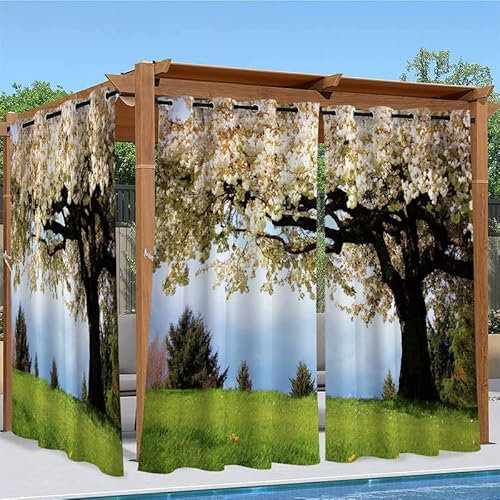 Linfye Outdoor Vorhang Wetterfest 2er Set Weiss Outdoor Vorhänge Blickdicht mit Ösen Kirschblüten Outdoor Gardinen Sichtschutz für Balkon Pavillon Garten Terrasse Pergola B 132 x H 240 cm