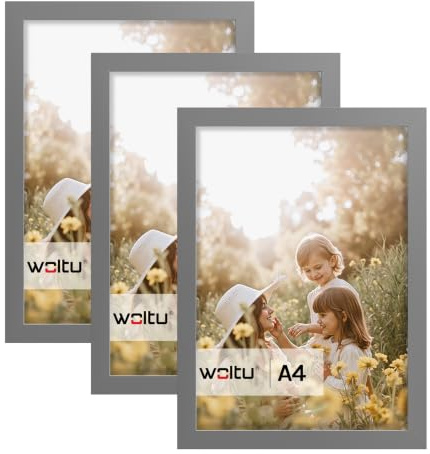 WOLTU Bilderrahmen A4, 3er set, MDF-Holz Fotorahmen mit Passepartout | Grau, Posterrahmen für Poster, Fotos, Puzzle, aufhängbar & aufstellbar, Collage-Wanddeko mit bruchsicherer PS-Platte