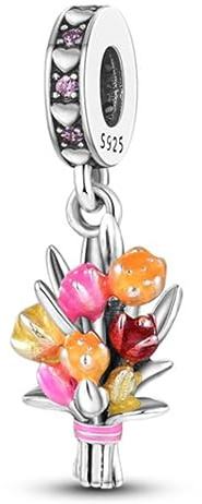 925 Sterling Silver Flower Bouquet Floral Dangle Bead Charm For Pandora Bracelets Charms Necklace | Cubic Zirconia Enamel Charm | Gift Packed