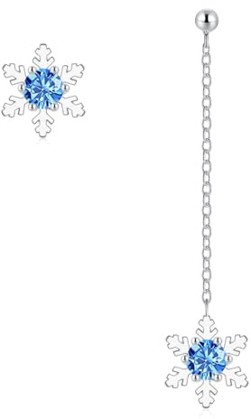 Josfeva Weihnachten Ohrringe Silber Hängend, 925 Sterling Silber Asymmetrische Schneeflocken Ohrstecker mit Blau Zirkonia, Weißgold Damen Ohrringe Hängend, Hypoallergen Lange Quaste Ohrhänger Ohrring