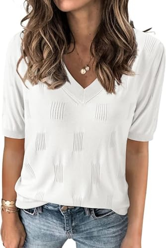 TrendiMax Damen T-Shirt V Ausschnitt Kurzarm Strick Shirt Dünne Pullover Sommer Frühling Strickpullover Casual Oberteile Bluse Tops (XL, Weiß)