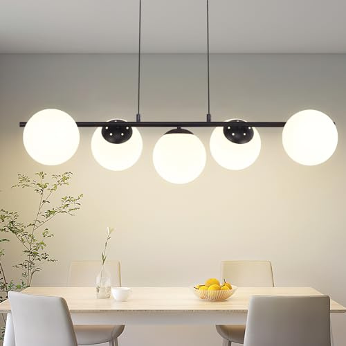 ZMH Hängelampe Esstisch Pendelleuchte Schwarz - Hängeleuchte Glas 5 Flammig Esszimmerlampe Glaskugel Modern Esstischlampe E27 Vintage Höhenverstellbar Küchenlampe für Wohnzimmer (ohne Leuchtmittel)
