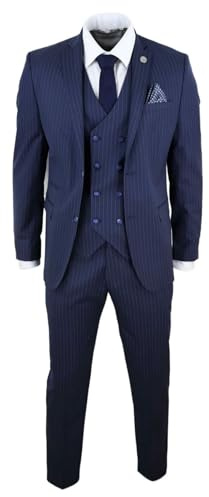 Costume Homme 3 pièces Style Rayures Fines Coupe ajustée avec Gilet Croisé - Bleu Marine 48