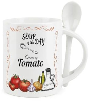 Purely Home Soup Mug and Spoon Set - Cream of Tomato Soup of The Day - Ceramic White Soup Mug with Spoon in Handle