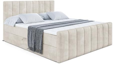 ALTDECOR Boxspringbett mit Matratze und Lattenrost, Boxbett, Topper, Fußteil, Polsterbett mit Bettkasten, Bett mit Stauraum H3-Matratze, Doppelbett, Springboxbett - OTTA-Z - 120x200 Beige Samt