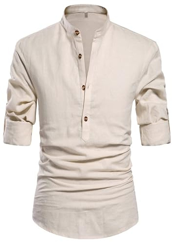 QUEZHU Leinenhemd Herren Langarm Henley Hemd Herren Baumwolle Sommerhemd Freizeithemd Strandhemd Casual Regular Fit Beige XL