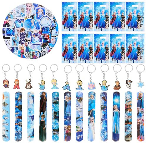 yumcute 84 Stück Kindergeburtstag Party Mitgebsel Set Schneeflocke Party Mitgebsel Set Tattoo Kinder Aufkleber Geschenktüten Schlüsselanhänger Slap Armbänder für Mädchen Jungen Party Geschenke